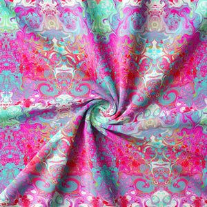 Psychedelic Pop Eco velvet by Liberty James Studio in pink, in soft folds showing a psychedelic mirrored design