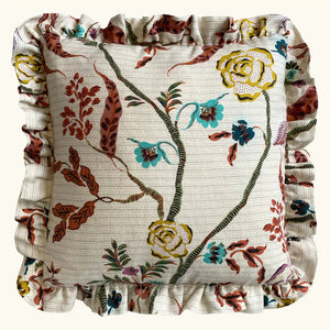 Eversley linen by Parker and Jules in beige, trailing roses as a cushion
