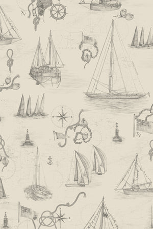 Cowes wallpaper by XV Interiors in cream, pattern sample of sailing boats and anchors
