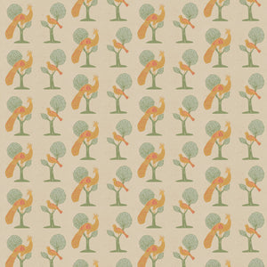A Jackdaw and Peacock Feathers wallpaper by Annika Reed in orange and green, full repeat of birds and stylised trees