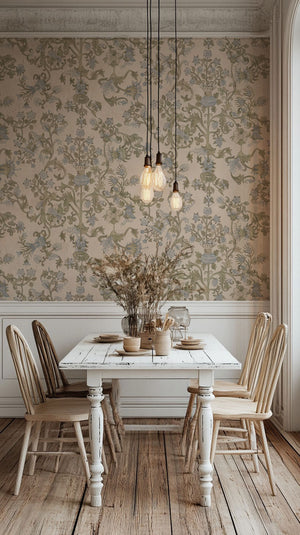 Tudor Blooms wallpaper by Studio Le Cocq in beige, Tudor-style flower urns in a dining area