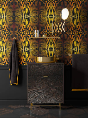 Aurelian Zebra wallpaper by Liberty James Studio in black and gold, mirrored zebra stripes above a sideboard