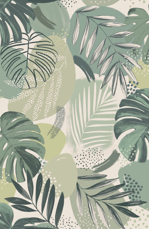 Abstract Jungle wallpaper by Brand McKenzie in green, detail of oversized monstera and palm leaves