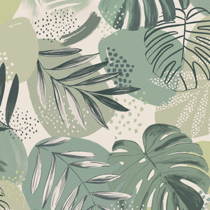 Abstract Jungle wallpaper by Brand McKenzie in green, close-up of oversized monstera and palm leaves