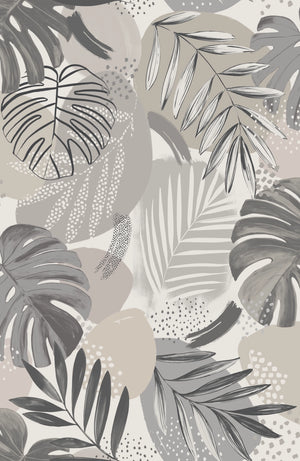 Abstract Jungle wallpaper by Brand McKenzie in grey, close view of oversized monstera and palm leaves