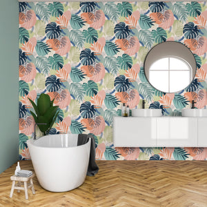 Abstract Jungle wallpaper by Brand McKenzie in coral and teal, oversized monstera and palm leaves in a bathroom