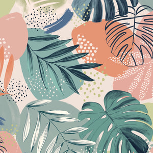 Abstract Jungle wallpaper by Brand McKenzie in coral and teal, pattern detail of oversized monstera and palm leaves