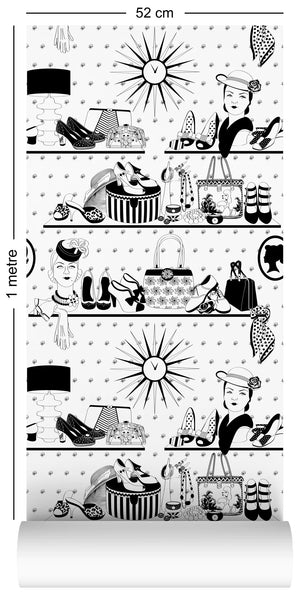 Accessorize wallpaper by Dupenny in black and white, full repeat of shelves of accessories