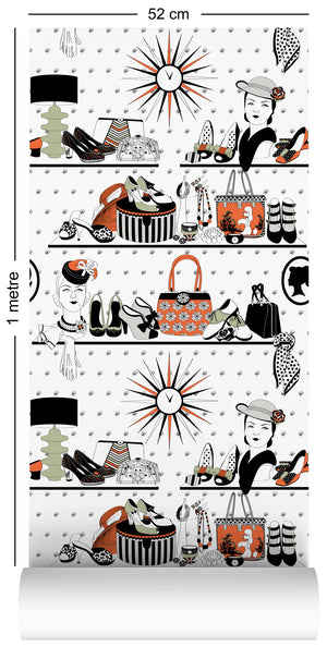 Accessorize wallpaper by Dupenny in multicolour, flat sample of shelves of accessories