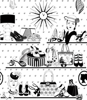 Accessorize wallpaper by Dupenny in black and white, pattern sample of shelves of accessories