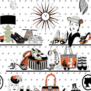 Accessorize wallpaper by Dupenny in multicolour, full repeat of shelves of accessories