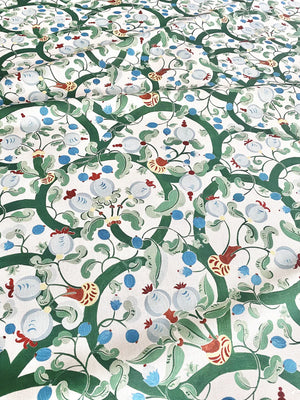 Albane wallpaper by Claire de Quénetain in green and blue, flat sample of a hand-painted floral design
