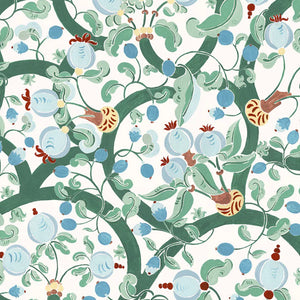 Albane linen by Claire de Quénetain in green and blue, flat sample of a hand-painted floral design