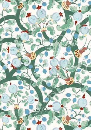 Albane linen by Claire de Quénetain in green and blue, flat sample of a hand-painted floral design