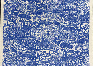 All Tomorrow’s Future linen by The Monkey Puzzle Tree in blue, pattern sample of a dense folk-art scene