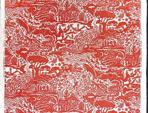 All Tomorrow’s Future linen by The Monkey Puzzle Tree in red, full repeat of a dense folk-art scene