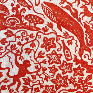 All Tomorrow’s Future linen by The Monkey Puzzle Tree in red, detail of a dense folk-art scene