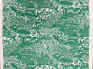 All Tomorrow’s Future linen by The Monkey Puzzle Tree in green, flat sample of a dense folk-art scene