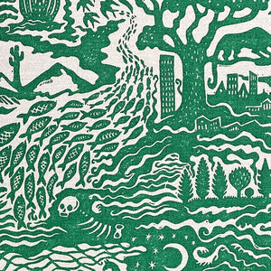 All Tomorrow’s Future linen by The Monkey Puzzle Tree in green, close-up of a dense folk-art scene