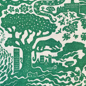 All Tomorrow’s Future linen by The Monkey Puzzle Tree in green, full repeat of a dense folk-art scene