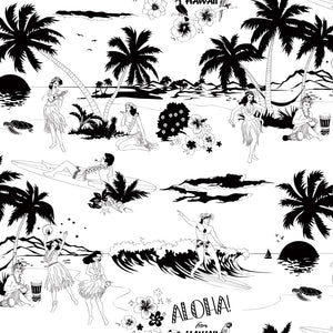 Aloha wallpaper by Dupenny in black and white, full repeat of Hawaiian scenes