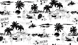 Aloha wallpaper by Dupenny in black and white, full repeat of Hawaiian scenes