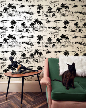 Aloha wallpaper by Dupenny in black and white, Hawaiian scenes in a living room