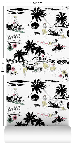 Aloha wallpaper by Dupenny in multicolour, flat sample of Hawaiian scenes