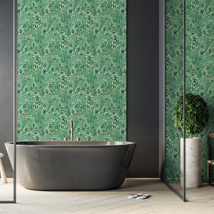 Alpine Landscape wallpaper by Brand McKenzie in green, dense alpine foliage in a bathroom