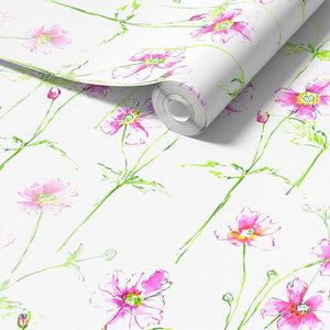 Anemone in Bloom wallpaper by Seed Home Designs in pink and green, partly unrolled roll showing watercolour anemone flowers