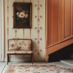 Angels and Suns wallpaper by Tatie Lou in cream, cherubs and suns in trails above a sideboard