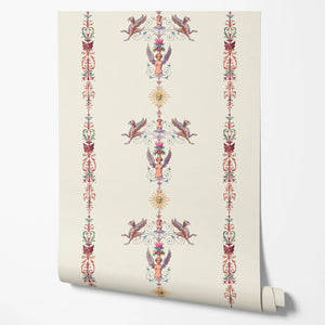 Angels and Suns wallpaper by Tatie Lou in cream, roll showing cherubs and suns in trails