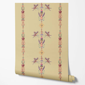 Angels and Suns wallpaper by Tatie Lou in yellow, flat sample of cherubs and suns in trails
