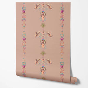 Angels and Suns wallpaper by Tatie Lou in pink, flat sample of cherubs and suns in trails