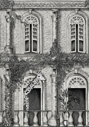 Animal Architecture wallpaper by Brand McKenzie in grey, pattern detail of animals peering from classical stone arches