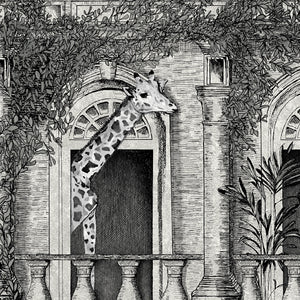 Animal Architecture wallpaper by Brand McKenzie in grey, close view of animals peering from classical stone arches