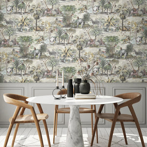 Animal Islands wallpaper by Brand McKenzie in green, palm-filled islands and wildlife in a dining area