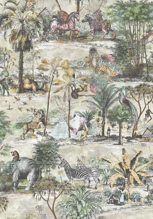 Animal Islands wallpaper by Brand McKenzie in cream and green, detail of palm-filled islands and wildlife