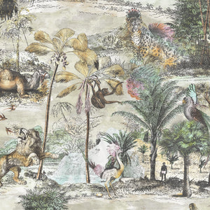 Animal Islands wallpaper by Brand McKenzie in cream and green, close-up of palm-filled islands and wildlife
