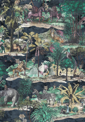 Animal Islands wallpaper by Brand McKenzie in navy, pattern detail of palm-filled islands and wildlife