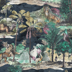 Animal Islands wallpaper by Brand McKenzie in navy, close view of palm-filled islands and wildlife