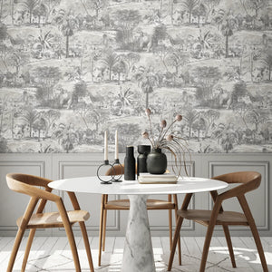 Animal Islands wallpaper by Brand McKenzie in grey, palm-filled islands and wildlife in a dining room