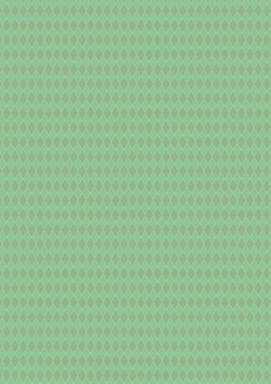 Harlequin Parade wallpaper by Annika Reed in green, flat sample of a small harlequin check