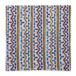 Aperitivo linen by Bethie Tricks in blue and purple, full repeat of fine block-print stripes