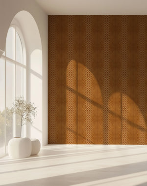 Halo Boulevard wallpaper by Liberty James Studio in gold, a geometric halo pattern above a cabinet