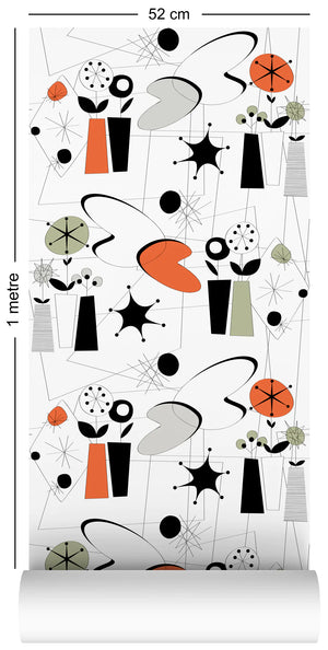 Atomic wallpaper by Dupenny in multicolour, flat sample of atomic-age motifs
