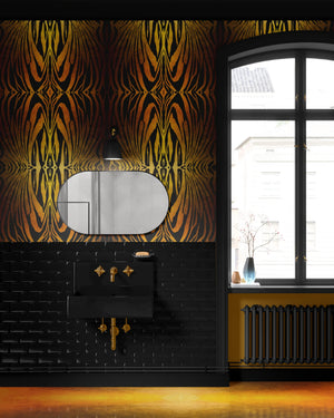 Aurelian Zebra wallpaper by Liberty James Studio in black and gold, mirrored zebra stripes in a bathroom