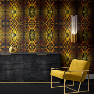 Aurelian Zebra wallpaper by Liberty James Studio in black and gold, mirrored zebra stripes in a living room