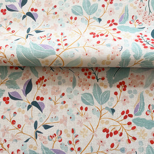 Aurore linen by Claire de Quénetain in pink and green, draped, showing a hand-painted floral design