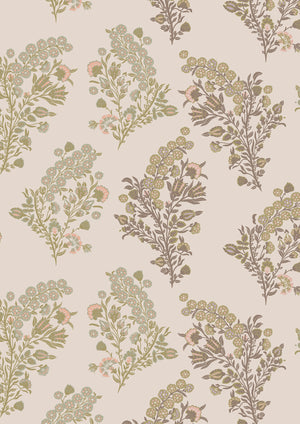 Baby Coromandel Flower wallpaper by Parker and Jules in beige and green, full repeat of small paisley flower sprays